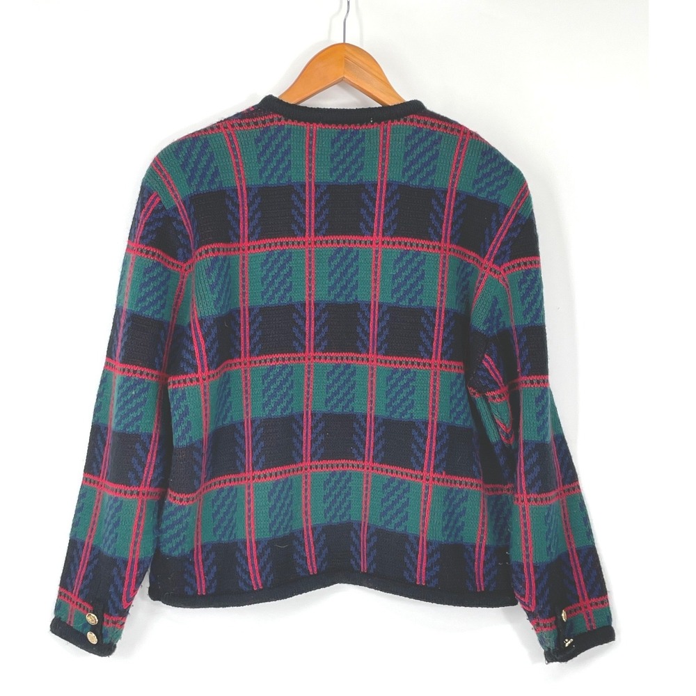 Tally-Ho Womens Cardigan L Sweater Green Plaid Gold Button Vintage Read - Picture 11 of 14